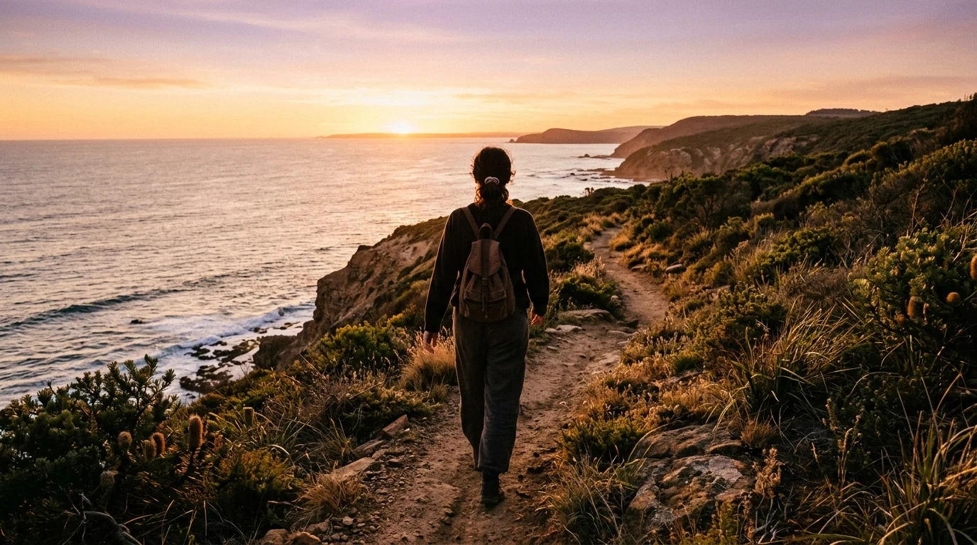 Person walking coastal path at golden hour - active lifestyle and everyday energy supplement Australia